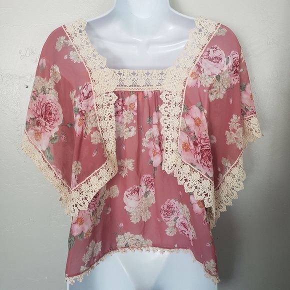 E Anthropologie XS Mauve Pink Floral Short Sleeve Blouse Crochet Lace Nella Top - Picture 4 of 7